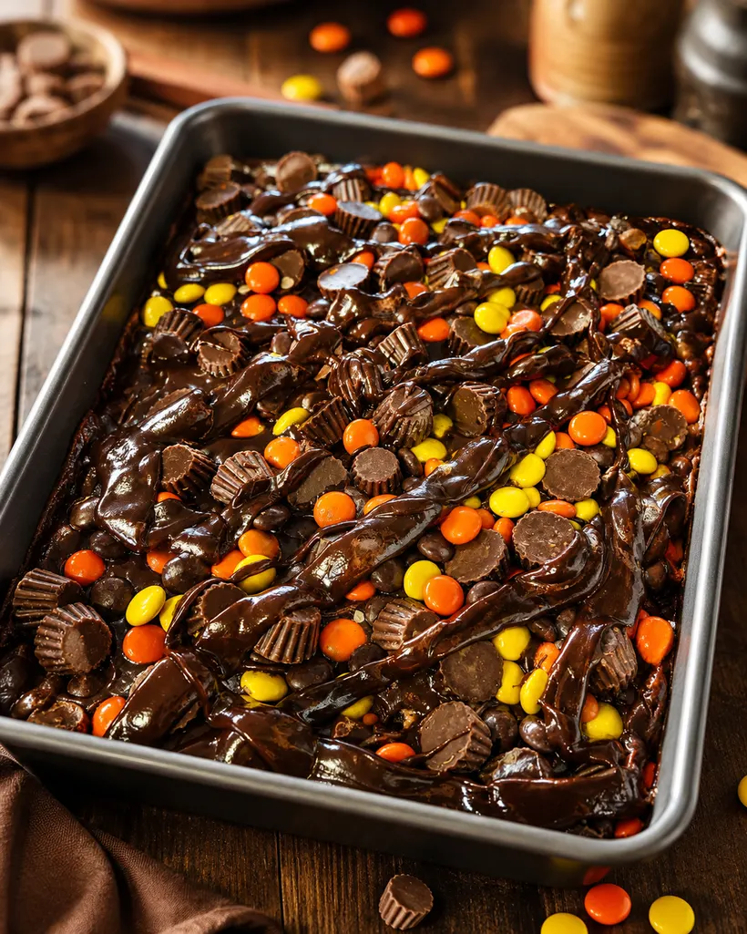 The same tray of brownies photographed on a wooden table in warm, even light