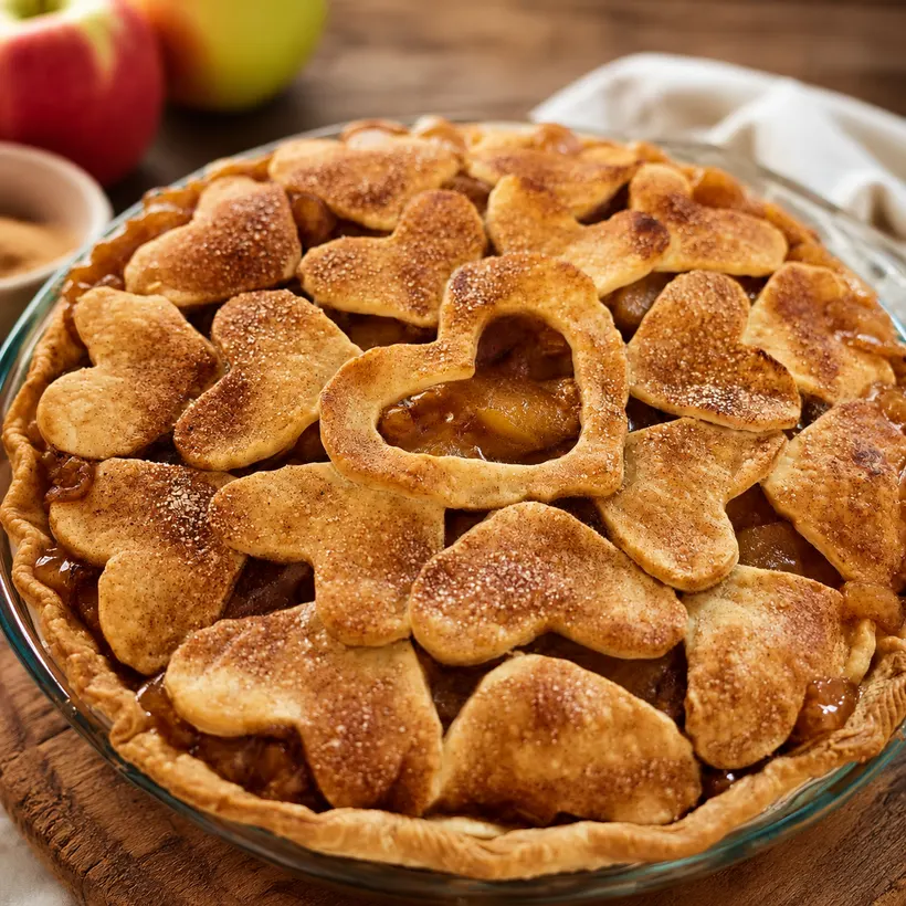 An apple pie with heart-shaped crust cutouts, photographed on a wooden table in warm light