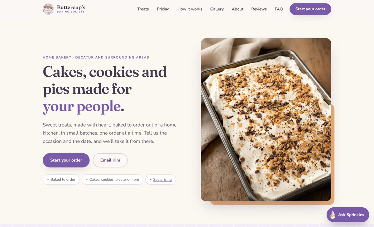 Buttercup's Baking Society website homepage