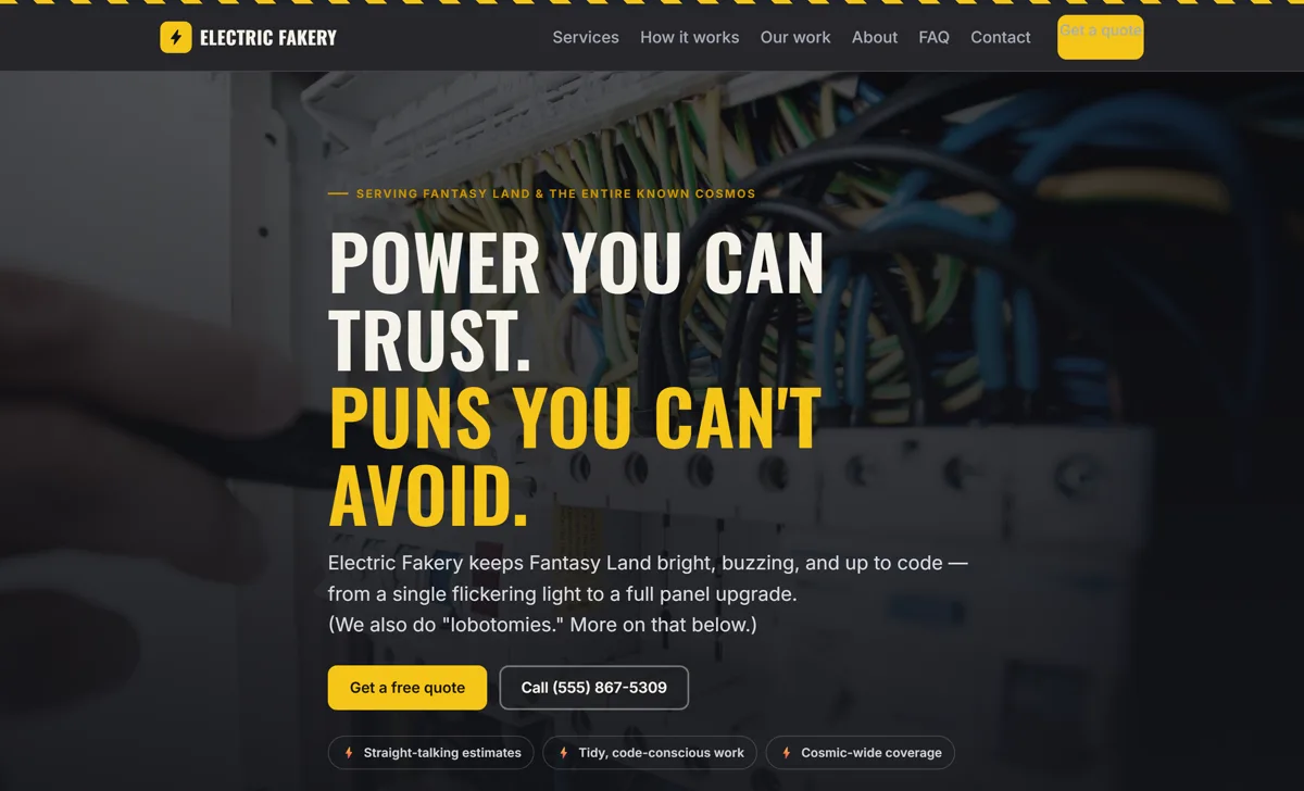 Electric Fakery demo website homepage