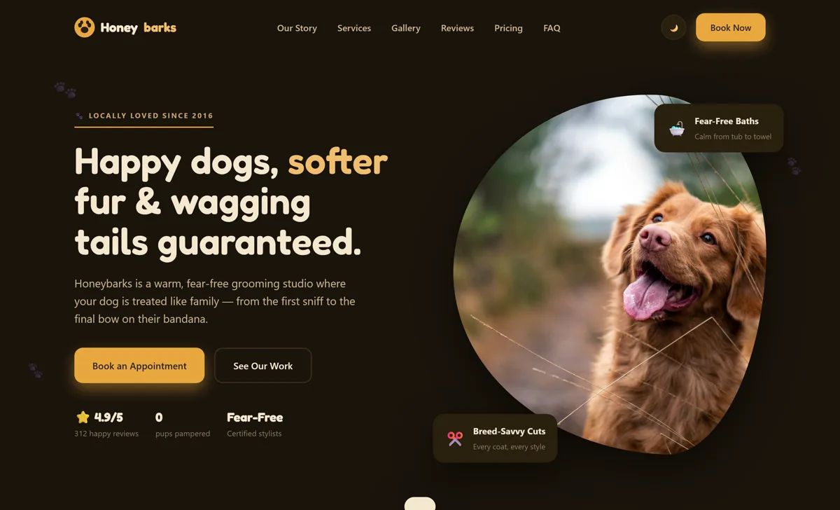 Honeybarks Grooming Co. demo website homepage